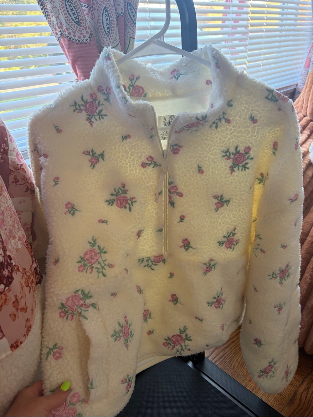 Altar'd State Cream Sherpa Jacket with Pink Floral Print